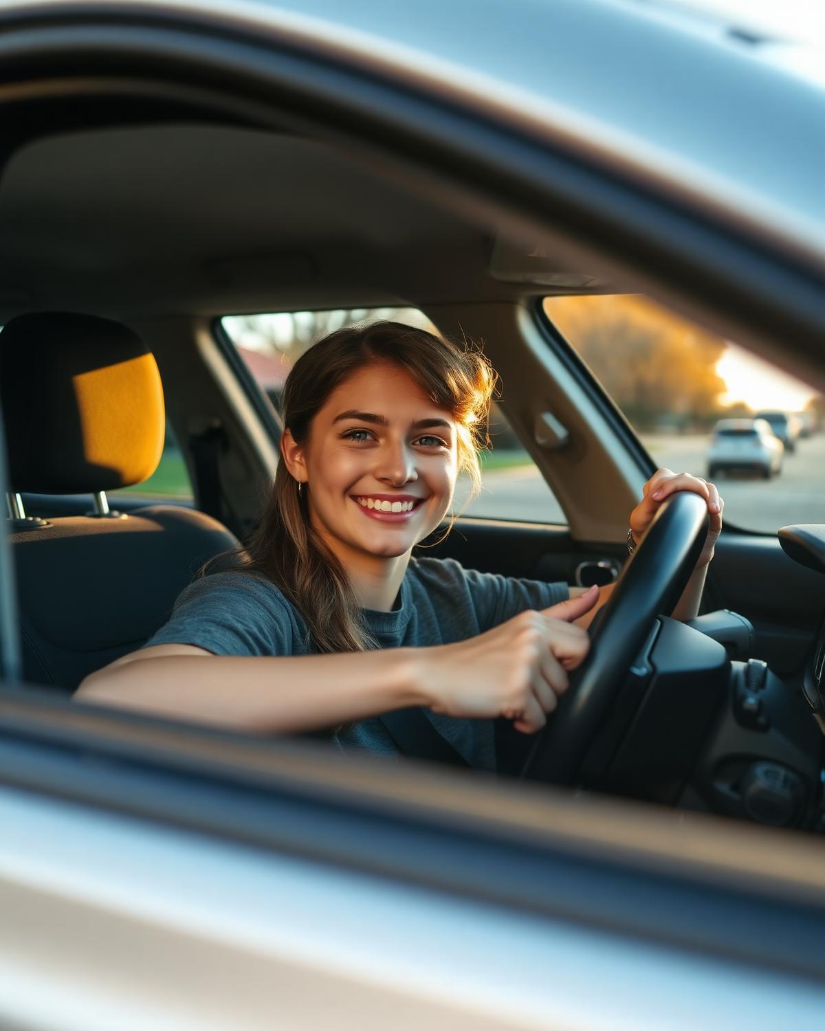 Student driver smiling behind the wheel during a driving lesson